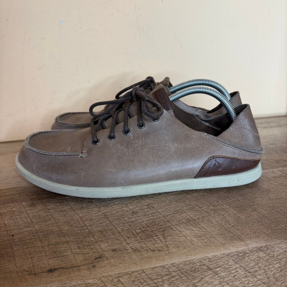 OluKai Men's Gray Brown Leather Casual Lace-Up Shoes